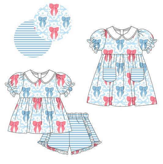 11.21 custom each style moq 5eta 4-6week Sibling Sister bow baby girl short sleeve shorts sets and dresses match design