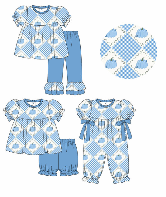 4.15  Custom moq 5 mix size Sibling Baby Girls Checkered Pumpkin Short-Sleeved Top Pants Set Matching Short Sleeve Romper
