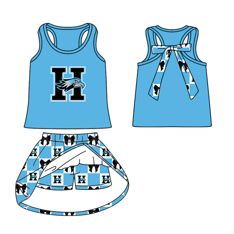 Custom moq 5 mix size milk silk summer teams Baby Girl Blue Sleeveless Top Skirts Set Dress And Shorts Yoga Checked Outfit Boy's Checked Short-Sleeved Polo Shirt And Romper