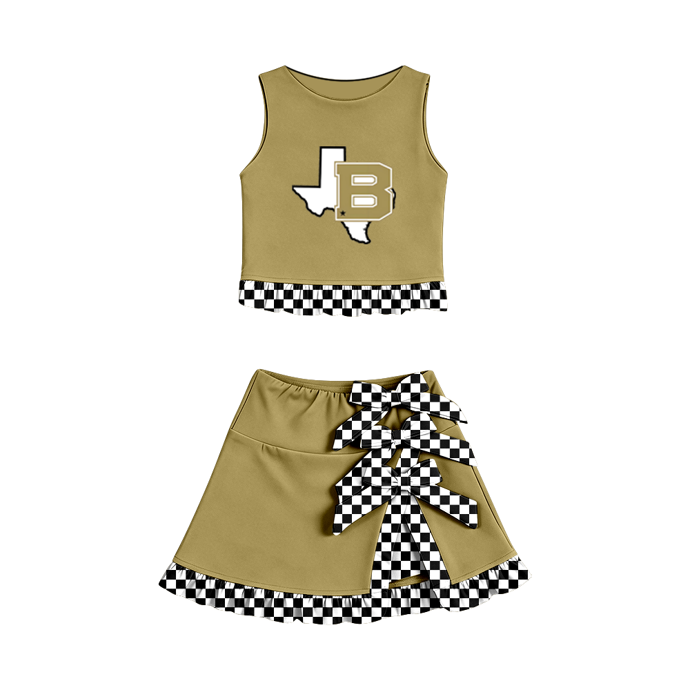 custom moq 5 mix size MSD070804 Baby Girls Summer Vest Checked Bow Scallop Edge Skort Yoga Active Casual  Clothes Set