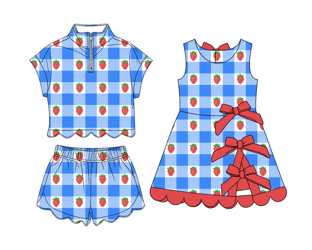 3.14 Custom moq 5 mix size Sibling Baby Girls Blue Checked Strawberry Zipper Top Short Scallop Sets Yoga Active Scallop Short Knee Length Dress