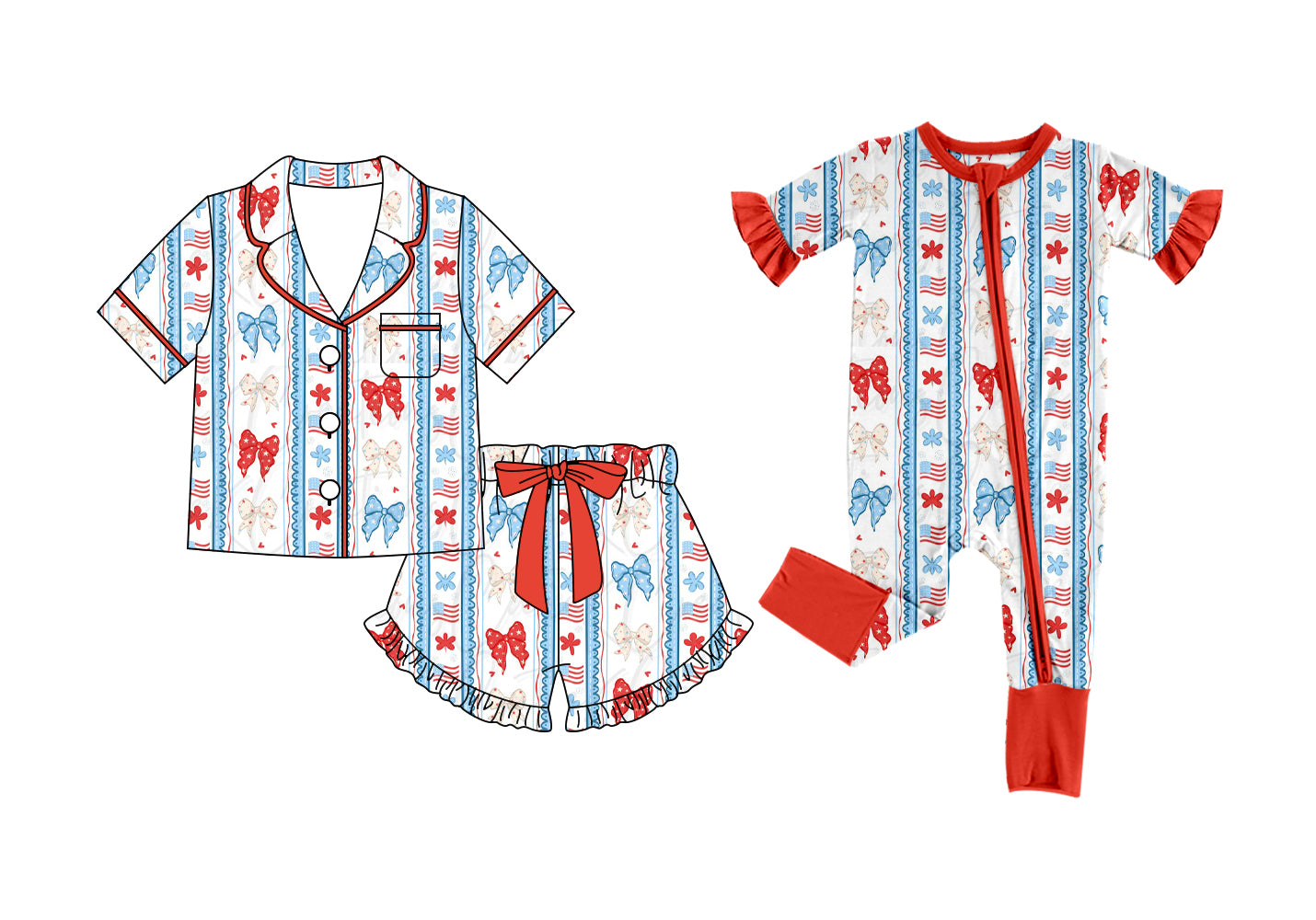 Custom moq 5 mix size Sibling Baby Girl's Bow-Print Short-Sleeved Pajamas Romper with Shorts 4th of July Sleepwear for Infants
