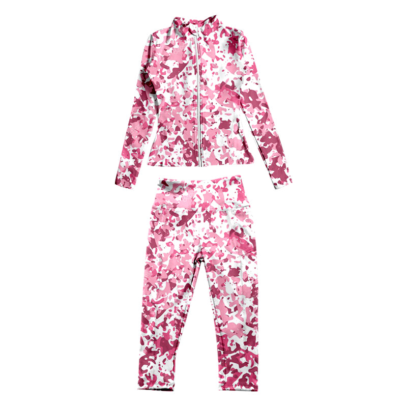 7.3 custom each style moq 5eta 4-6week baby girls clothes pink Yoga Suit Zipper Long Sleeve Pants Set