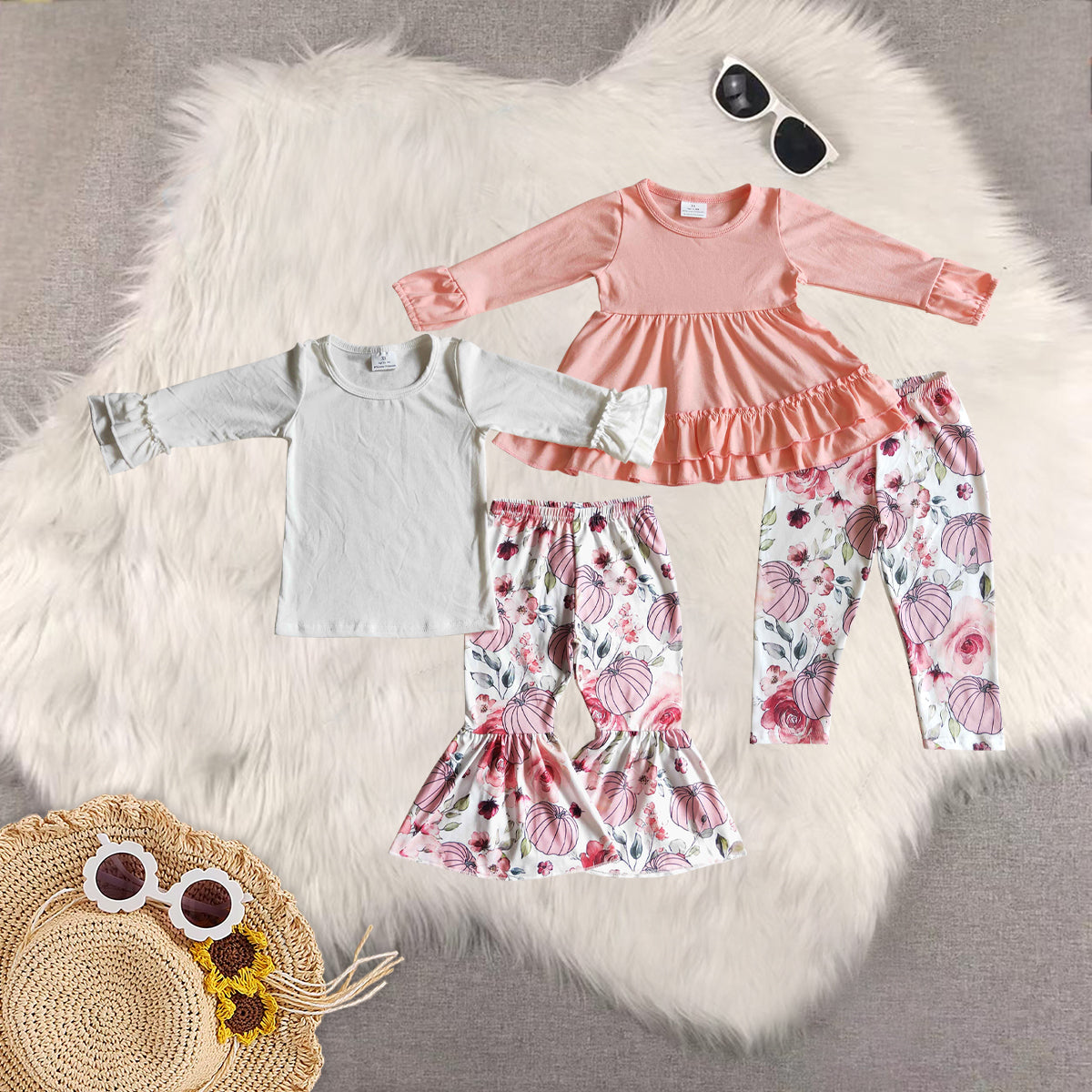 RTS NO MOQ Sibling Baby Girls clothes halloween pumpkin Long Sleeve Pants Set