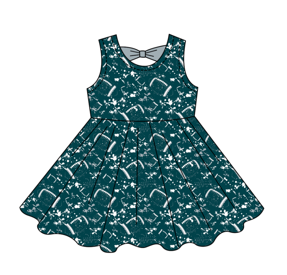 Custom moq 5 mix size milk silk summer teams Baby Girls Football  Sleeveless Bow Back Cutout Knee Length Dresses