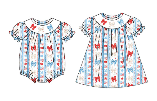 3.4 Custom moq 5 mix size Sibling Baby Girl's Short-Sleeved Dress with Bow Print Romper Cute  Summer Outfit for Infants
