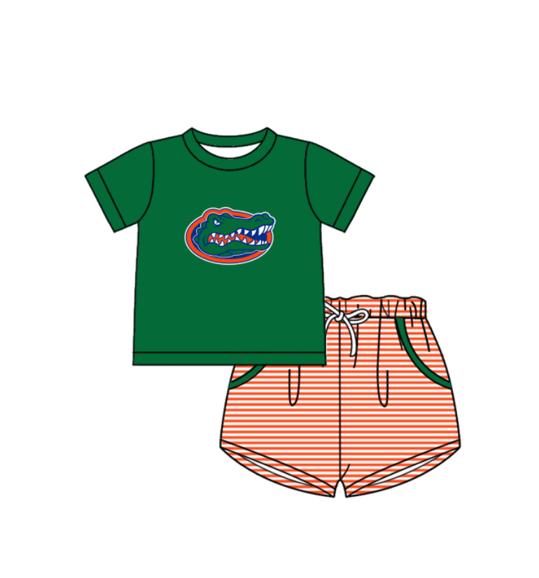Custom moq 5 mix size milk silk summer teams Baby Boys And Girls Green Short-Sleeved Shirt And Shorts Set Matching Striped Rompers Outfit Set