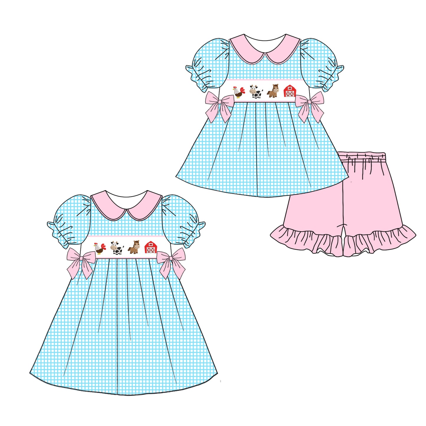 12.26 custom each style moq 5eta 4-6week Sibling Sister farm baby girl short sleeve shorts sets and dresses match design