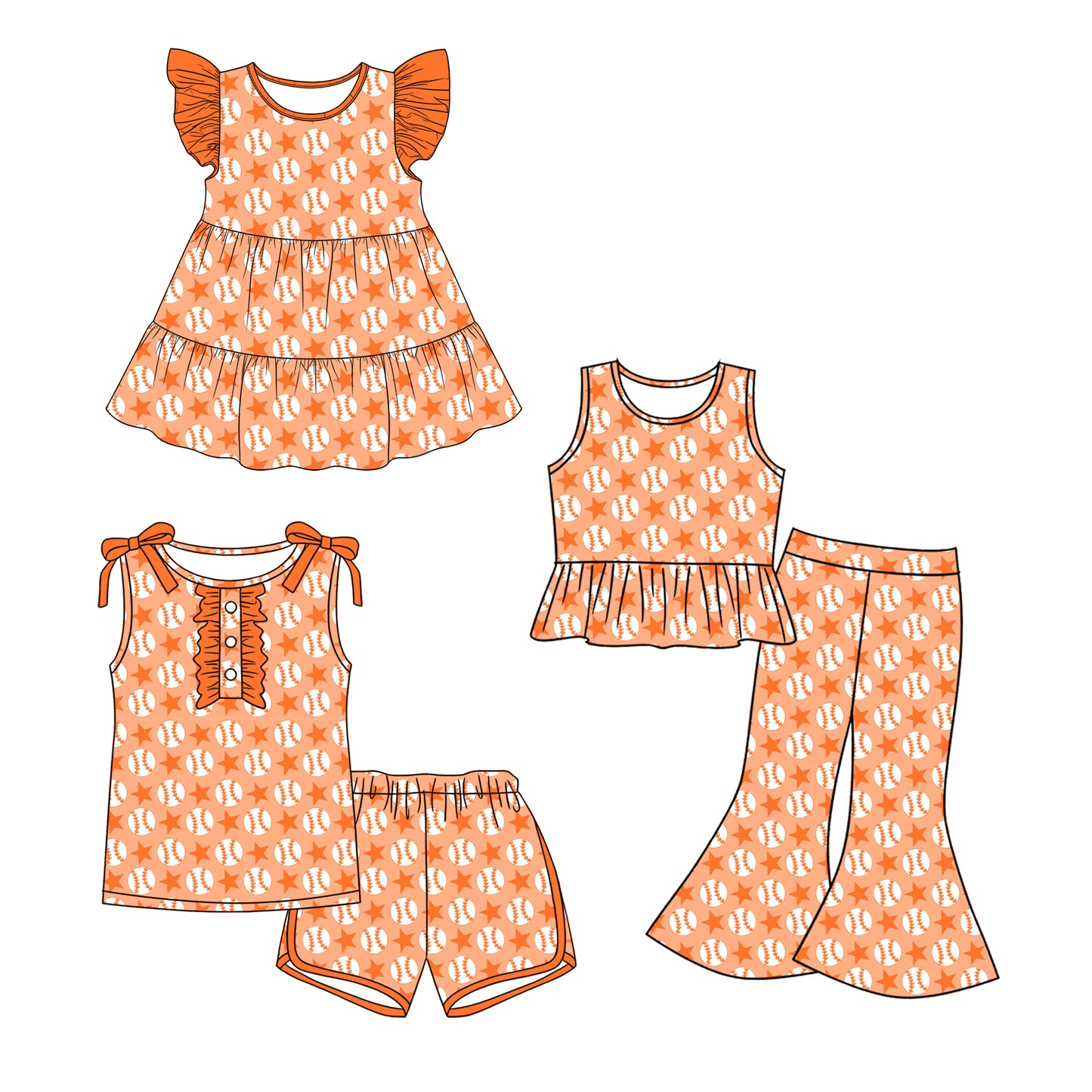 Custom moq 5 mix size Sibling Baby Girl orange  Flutter-Sleeved Dress Sleeveless Top Shorts Set Or Trousers Set Casual Comfortable Outfit for Little Ones