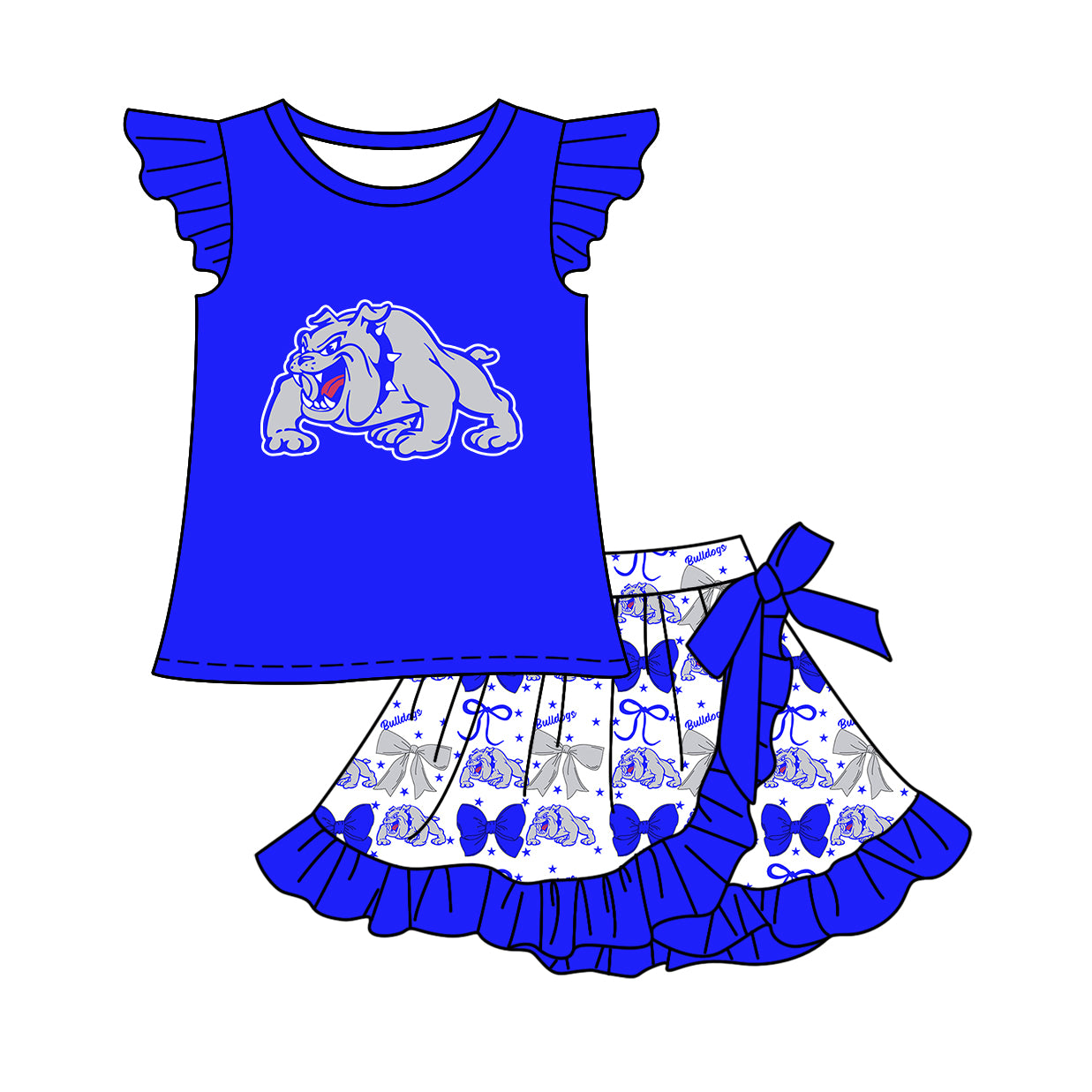 Custom moq 5 mix size milk silk baby girls clothes team bow blue hooded long sleeve tops and and skirts sets and dress and shorts-25.7.17