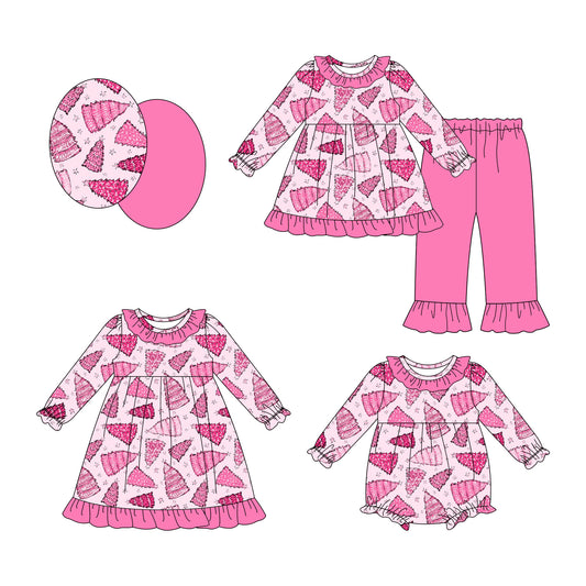 25.7.18 custom each style moq 5eta 4-6week Sibling Sisters Christmas trees pink baby girl long sleeve pants sets and dress and rompers match family design
