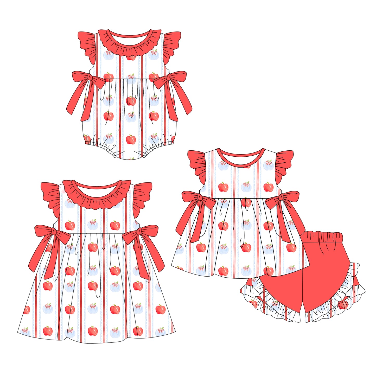 2.22 custom each style moq 5eta 4-6week Sibling Sisters apple baby girl short sleeve shorts sets and dress and rompers match family design
