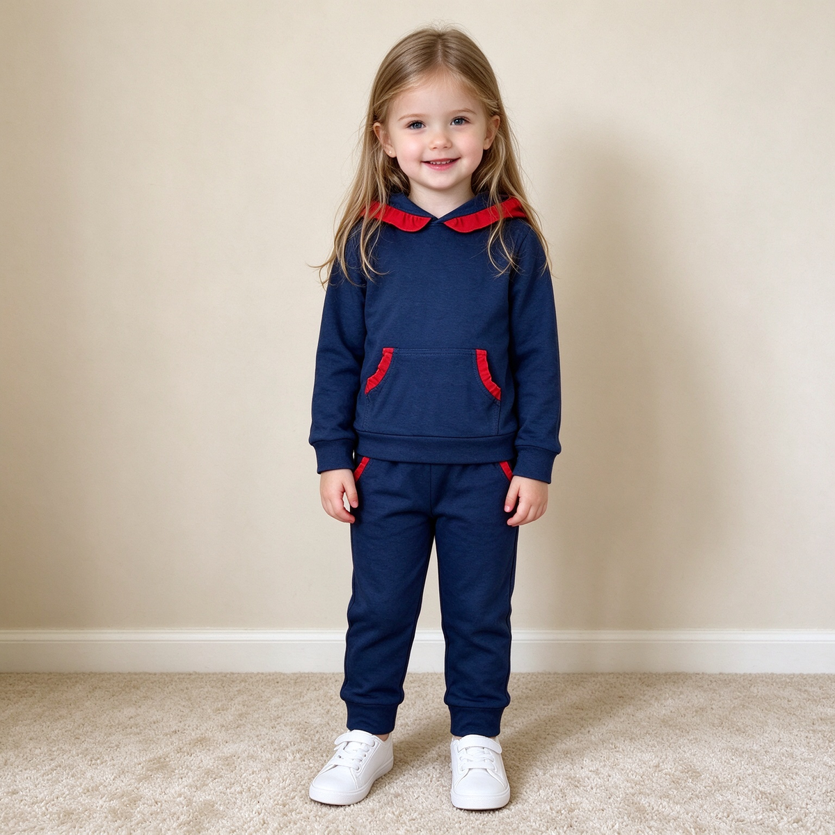 NEW RTS NO MOQ cotton GLP3564 Baby Girls Navy Blue Long Sleeve Ruffle Hoodie Pockets Jogger Sets