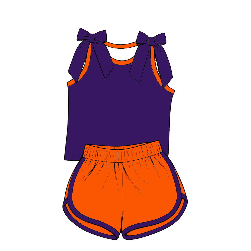 custom moq 5 mix size Baby Girls Orange Purple Bow Sleeveless Top Shorts Summer Outfit Sets