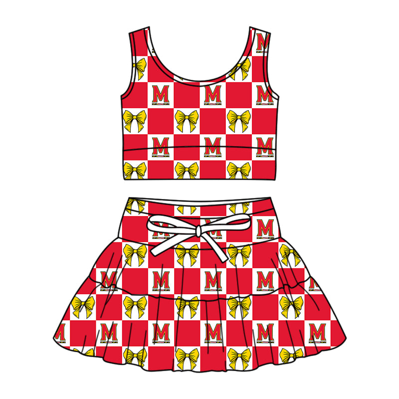 Custom moq 3 or 5 mix size milk silk summer teams baby girl clothes bow red sleeveless skirts sets-26.1.21