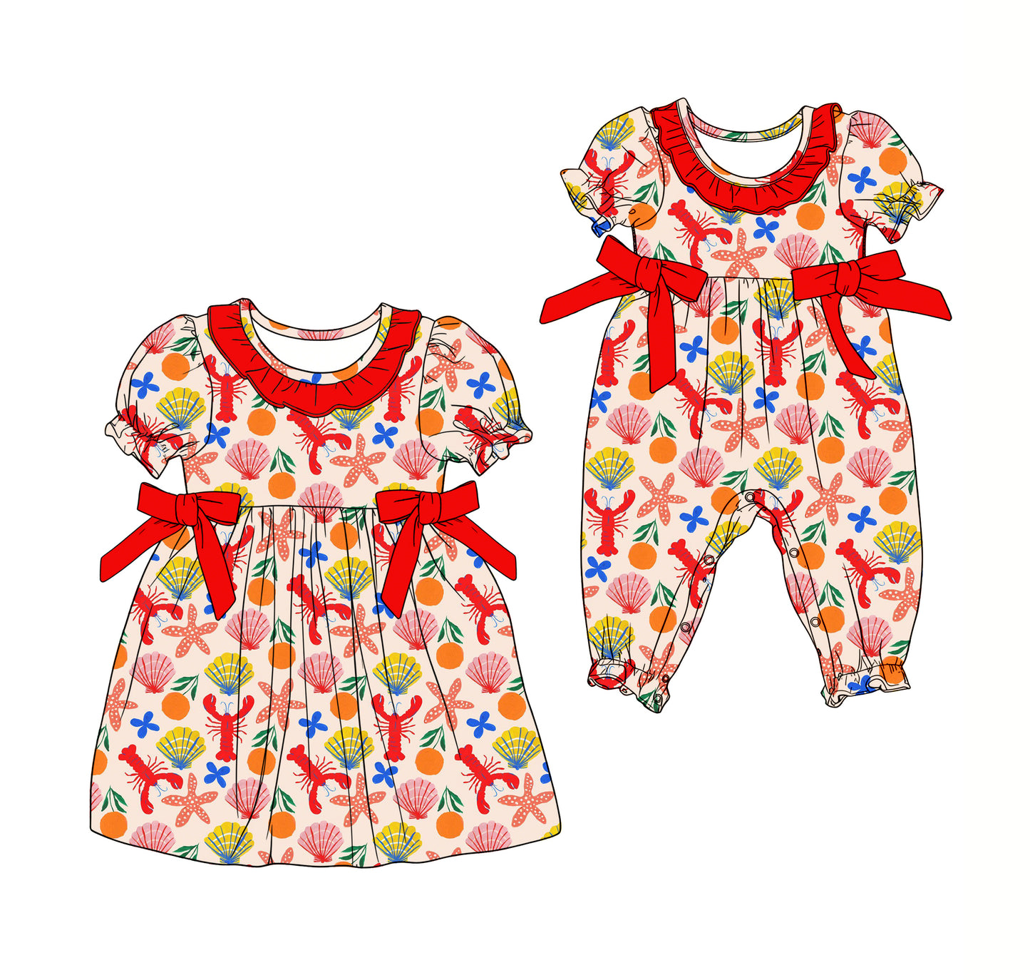 25.12.15 custom each style moq 5 eta 6-8week Sibling Sister lobster baby short sleeve romper and dress match design