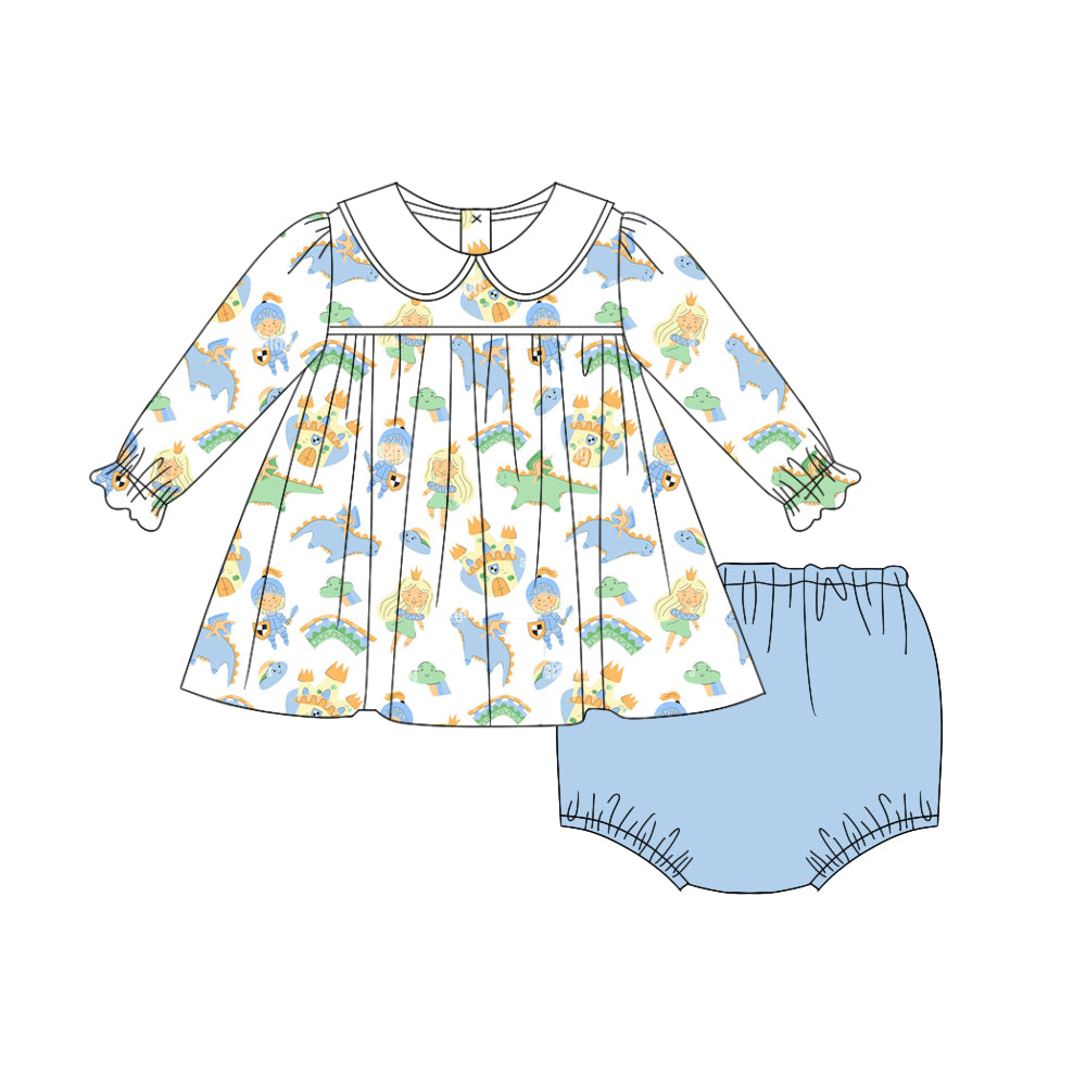 6.18 custom each style moq 5eta 4-6week Sibling Sister dinosaur blue baby girls sets and dress and briefs sets match family design