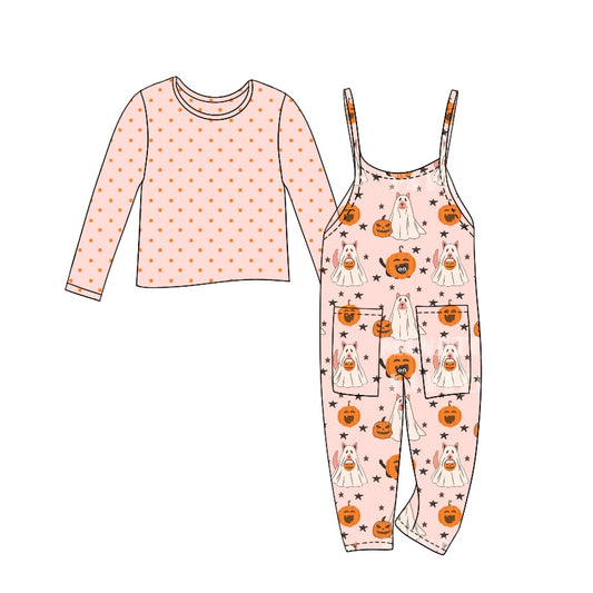 7.17 custom each style moq 5eta 4-6week Sibling Sister baby girls pumpkin overall sets 1 and ghost pink overall sets2 and smiley pink sets 3 match family design