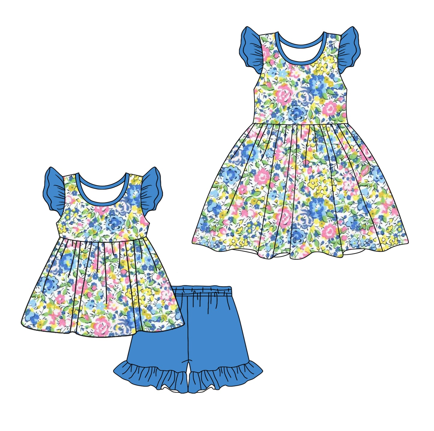 12.10 custom each style moq 5eta 4-6week Sibling Sister floral baby girl short sleeve shorts sets and dresses match design
