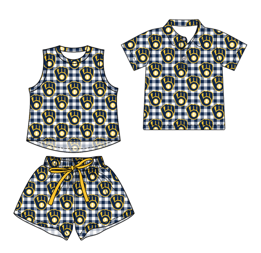 Custom moq 5 mix size milk silk summer teams Girls Checked  Sleeveless Top And Short Sets Boys Short Sleeve Button Polo Shirt Top