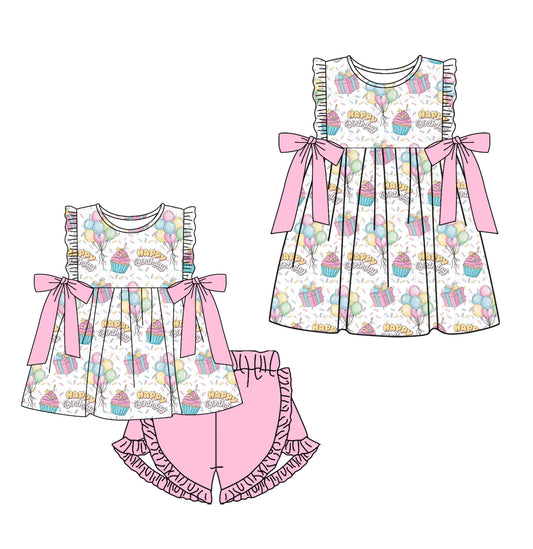 Custom moq 5 mix size Sibling Pink Baby Girls' Sleeveless Top And Shorts Set with Bow Cute  Dress for Little Girls