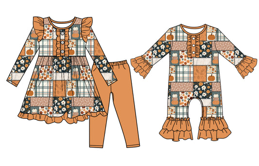 25.6.30 custom each style moq 5eta 4-6week Sibling Sisters pumpkin floral baby girl long sleeve pants sets and rompers match family design