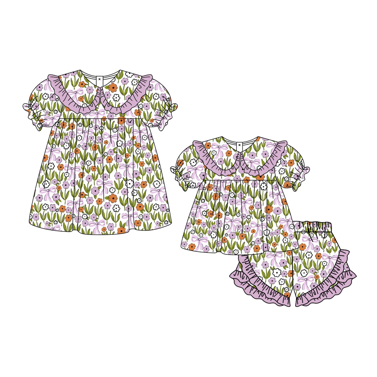 3.3 Custom moq 5 mix size Sibling Baby Girl's Purple flowers Short-Sleeved Top And Shorts Set Cute Dress for Summer