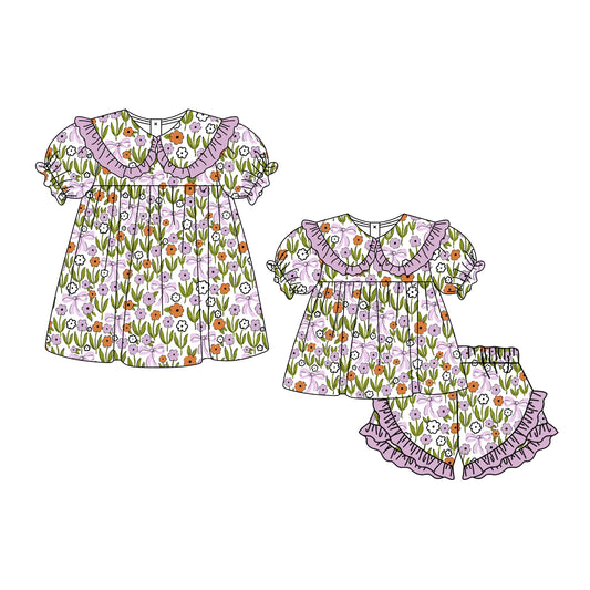 3.3 Custom moq 5 mix size Sibling Baby Girl's Purple flowers Short-Sleeved Top And Shorts Set Cute Dress for Summer