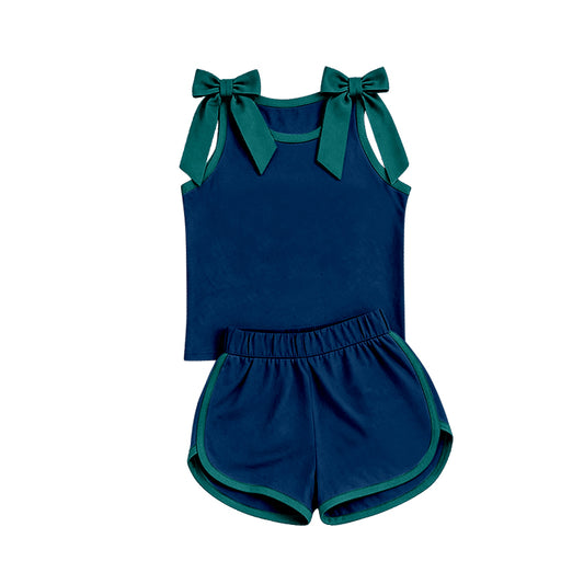 custom moq 5 mix size Baby Girls Green Bow Sleeveless Top Shorts Team Athletic Set
