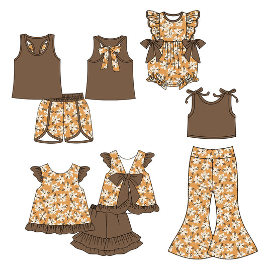 5.6 custom each style moq 5eta 4-6week Sibling Sisters floral baby girl short sleeve shorts sets 1 and sets 2 and pants sets and rompers match family design