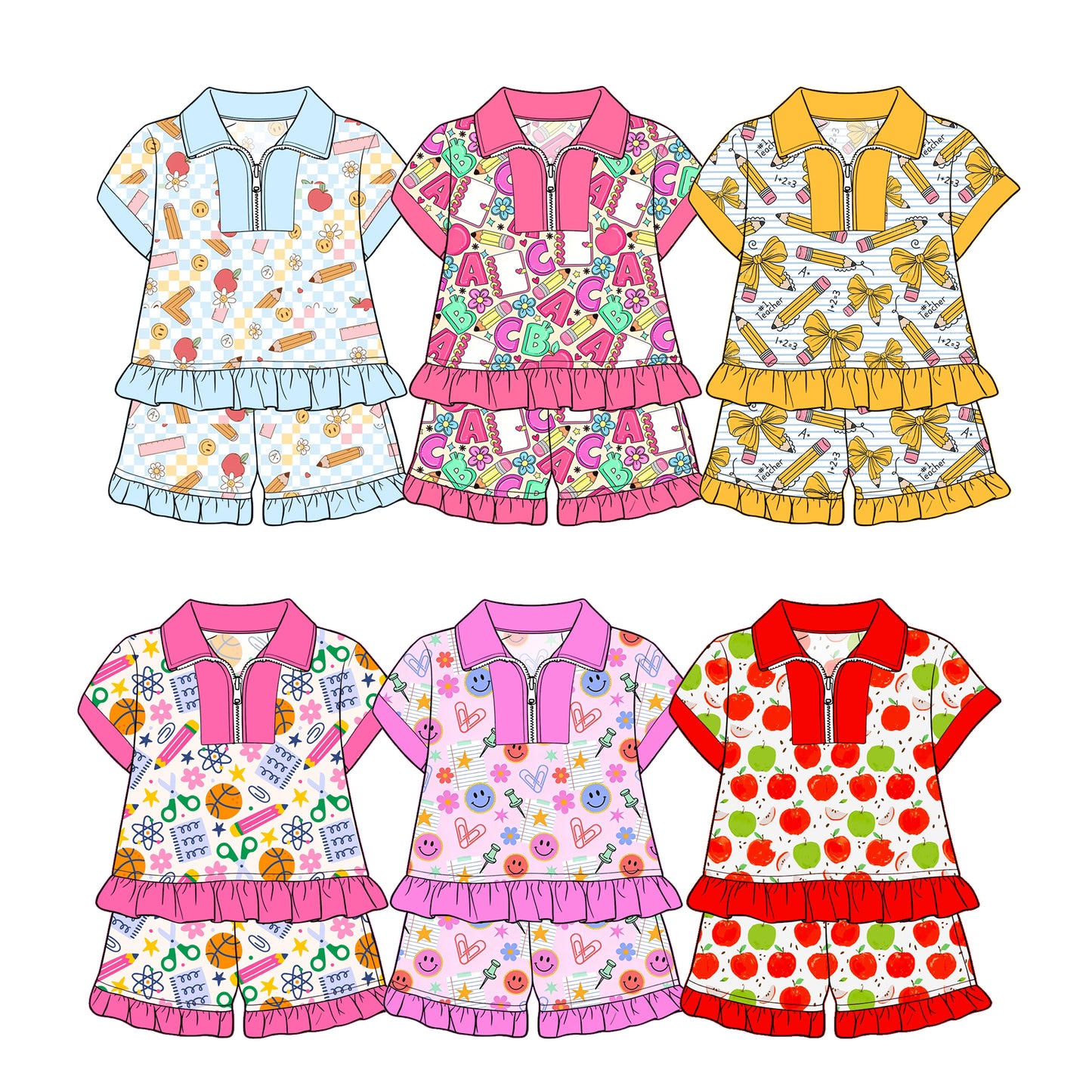 3.12 Custom moq 5 mix size Sibling Baby Girl Back-to-school Outfit Short-Sleeved Zip-Up Top And Shorts Set for Little Ones
