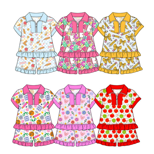 3.12 Custom moq 5 mix size Sibling Baby Girl Back-to-school Outfit Short-Sleeved Zip-Up Top And Shorts Set for Little Ones