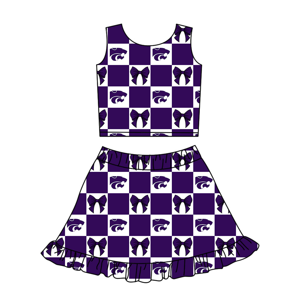 Custom moq 3 or 5 mix size milk silk summer teams baby girl clothes bow purple sleeveless skirts sets-26.1.24