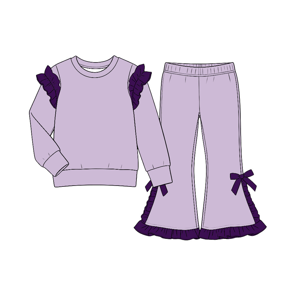 custom moq 5 mix size Baby Girls Lavender and Dark Purple Solid Ruffle Shoulder Sweatshirt And Ruffle Hem Bow Flare Pant Set