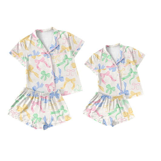 3.21 custom each style moq 5eta 4-6week Sibling Sister bow short sleeve shorts sets and adult sets match design