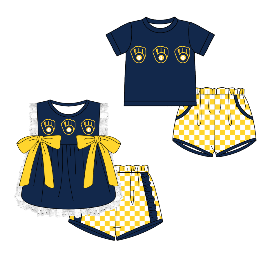 Custom moq 5 mix size milk silk summer teams Navy Blue Girl Sleeveless Top And Plaid Shorts Set with Bow Boy Short Sleeved Top And Plaid Shorts Set