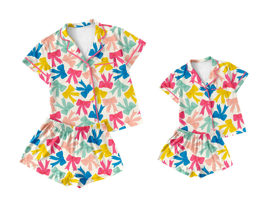 25.10.11 custom each style moq 5 eta 6-8week Sibling Sister bow baby short sleeve shorts sets and adult set match design