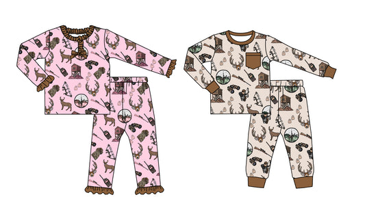 25.8.20 custom each style moq 5 eta 4-6week Sibling Sisters hunting baby girl long sleeve pants sets 2