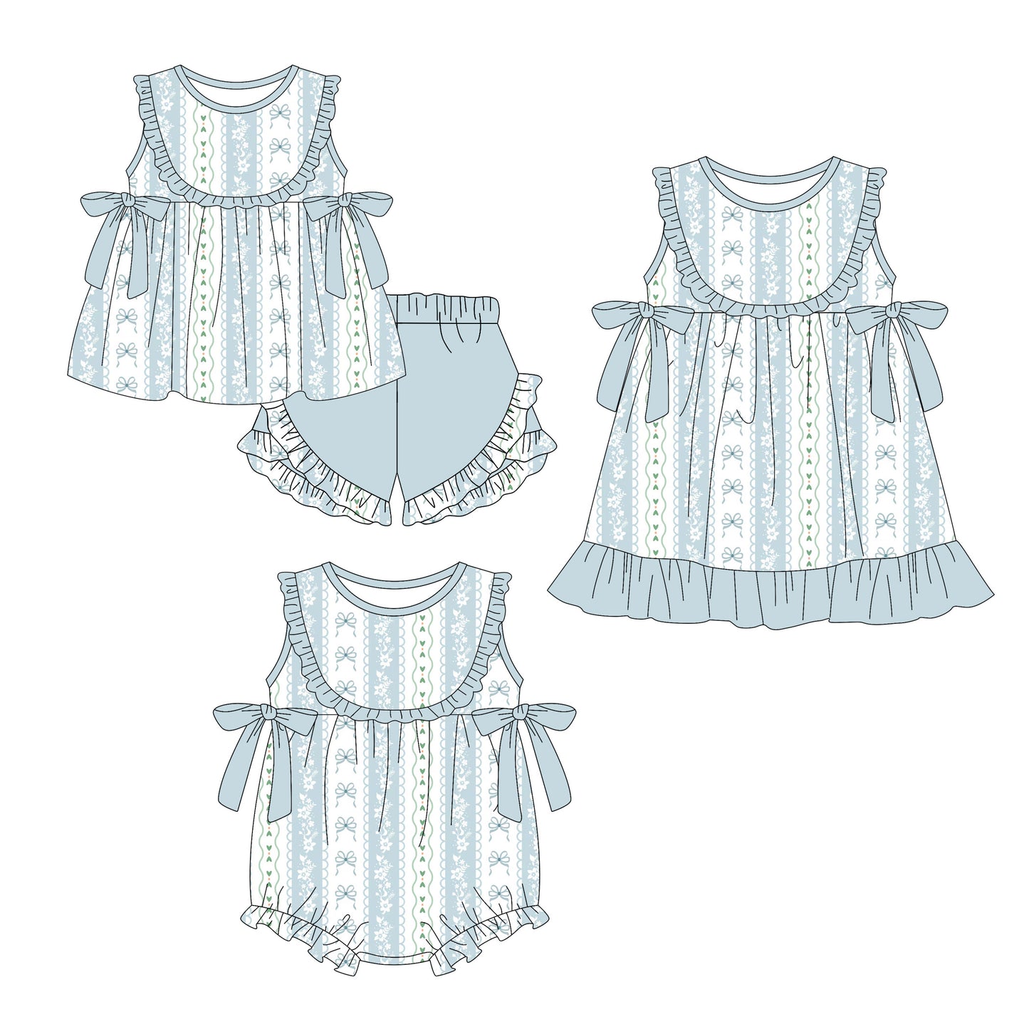 3.6 Custom moq 5 mix size Sibling Baby Girl's Blue Sleeveless Top With Bow And Ruffle Short Set Matching Romper Dress for Summer