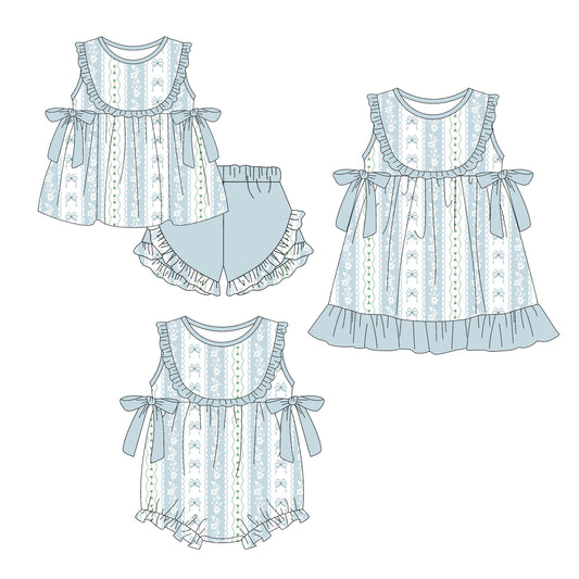 3.6 Custom moq 5 mix size Sibling Baby Girl's Blue Sleeveless Top With Bow And Ruffle Short Set Matching Romper Dress for Summer