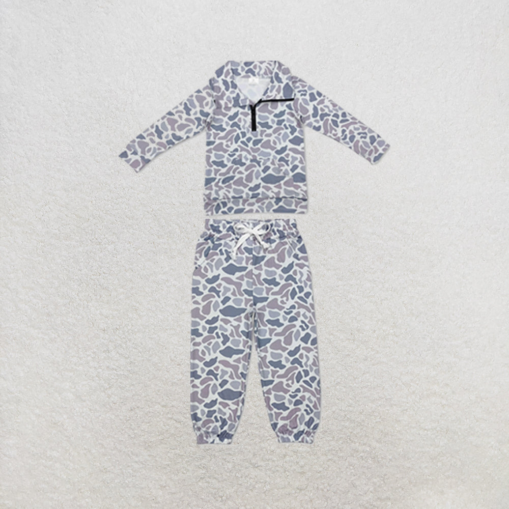 RTS NO MOQ Sibling milk silk Baby Boys Camo Print Long Sleeve Zip Pocket Pullover Matching Jogger Pant Two Piece Clothes Set