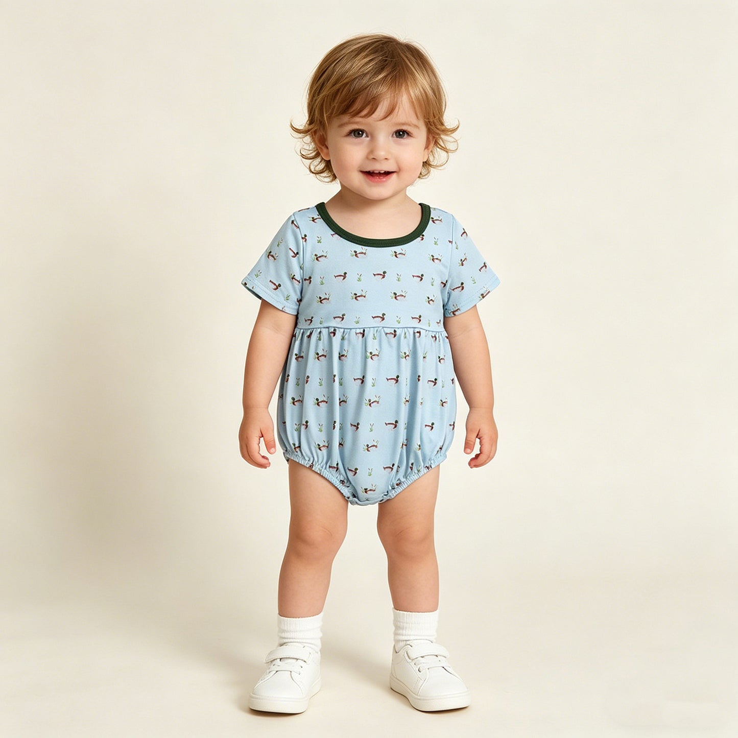 RTS NO MOQ SR3999 Baby Boys Plaid Hunting Short Sleeve Duck Rompers