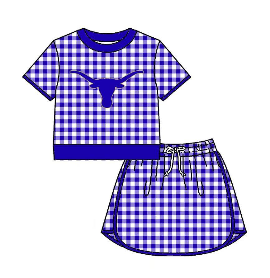 Custom moq 5 mix size milk silk summer teams Baby Girls Purple Plaid Short Sleeve Top Skirt Two Piece Set