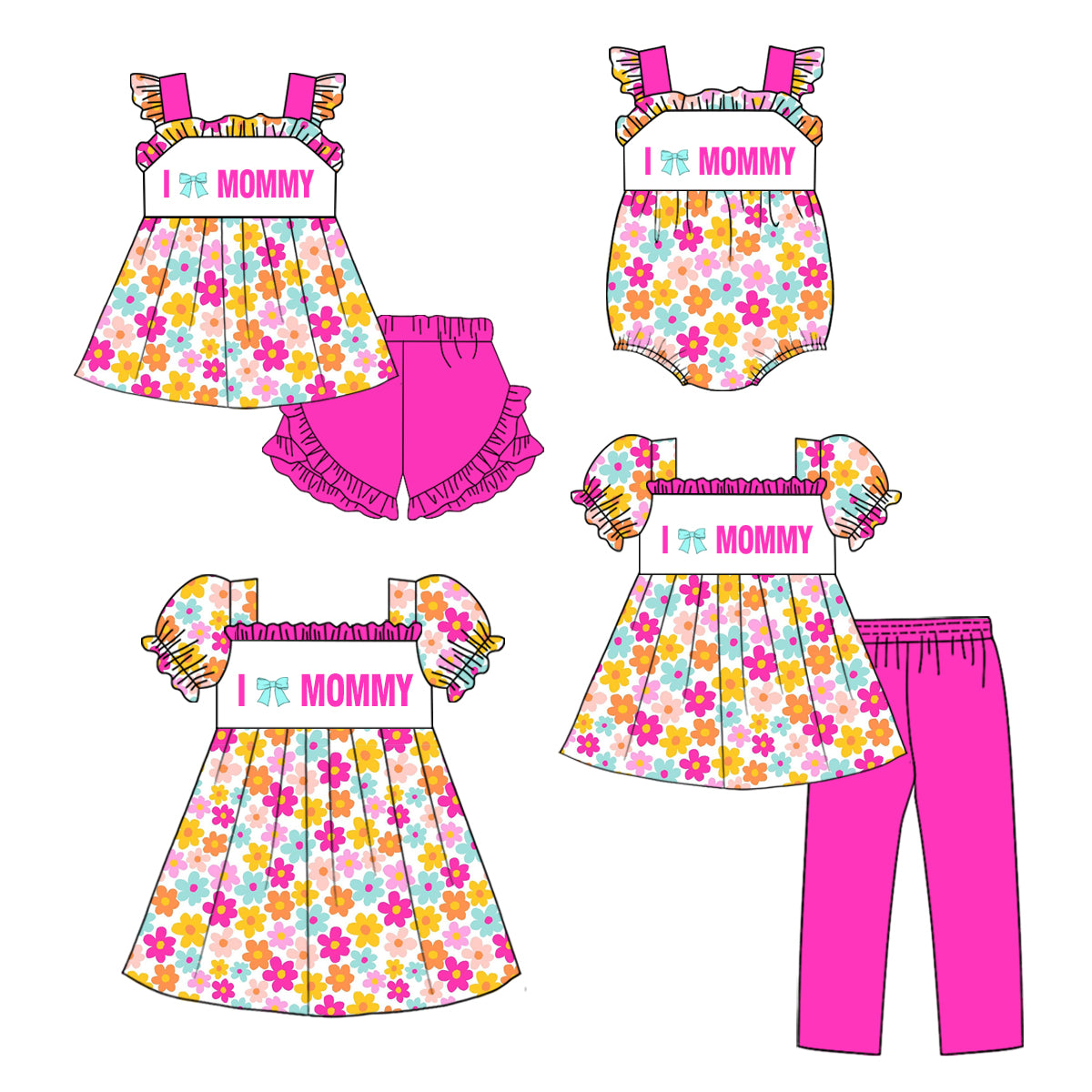 25.10.28 custom each style moq 5 eta 6-8week Sibling Sisters bow floral mommy baby girl short sleeve shorts sets and pants sets and dress and rompers match family design