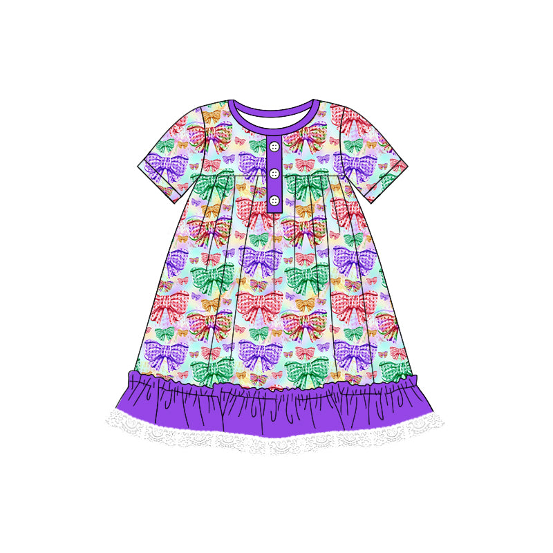 7.23 custom each style moq 5eta 4-6week Sibling Sister bow purple baby girls short sleeve sets and dress and rompers match family design