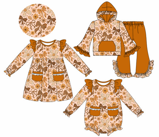 25.7.26 custom each style moq 5eta 4-6week Sibling Sisters pumpkin bow baby girl long sleeve pants sets and dress and rompers match family design