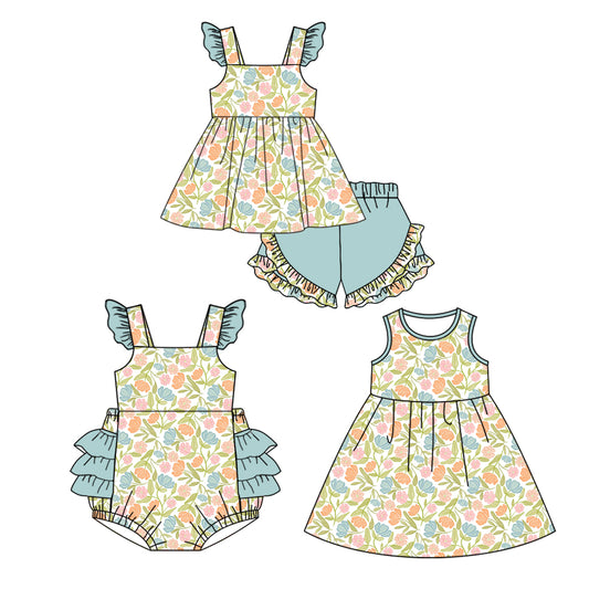 4.3 custom each style moq 5eta 4-6week Sibling Sisters floral baby girl short sleeve shorts sets and dress and rompers match family design