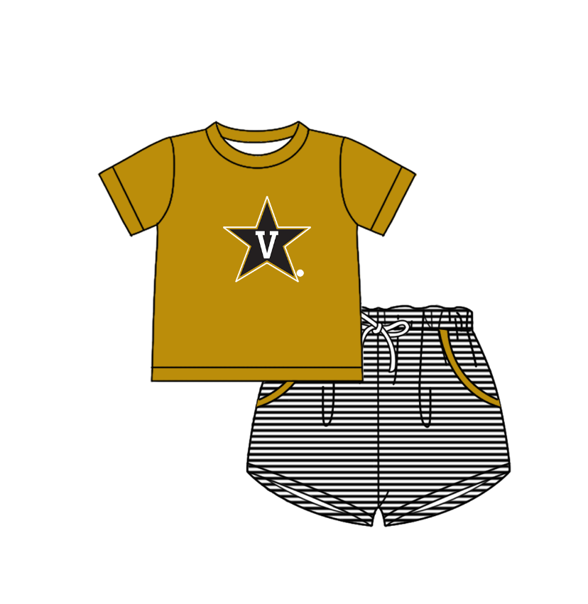 Custom moq 5 mix size milk silk summer teams Baby Boys And Girls Yellow Short-Sleeved Shirt And Shorts Set Matching Striped Rompers Outfit Set
