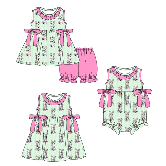 Custom moq 5 mix size Sibling Baby Girl's Bunny Print Easter Short-Sleeved Top And Shorts Set Cute Romper Dress for Spring Summer