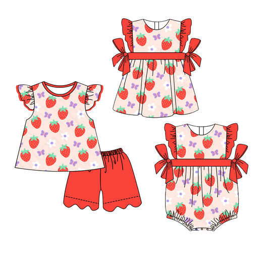 3.30 Custom moq 5 mix size Sibling Baby Girl's Flutter Sleeve Top And Red Scallop Shorts Set Cute Romper Dress for Summer